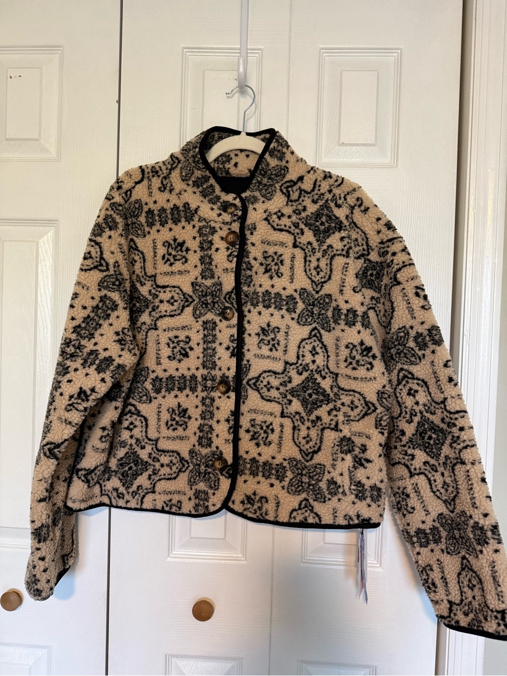Cider Cream and Black Patterned Teddy Jacket